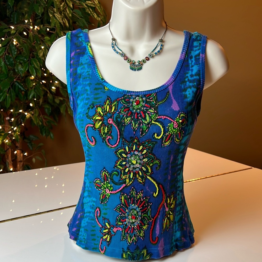 CHAUDRY ART TOP IN VIBRANT BLUES, GREENS, PINKS & YELLOW - SEQUIN DESIGNS -SMALL